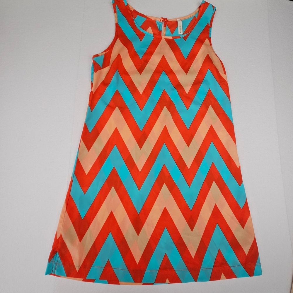 Tyche Sleeveless Chevron Shift Dress Orange Teal Silky Soft Light Weight‎ Small